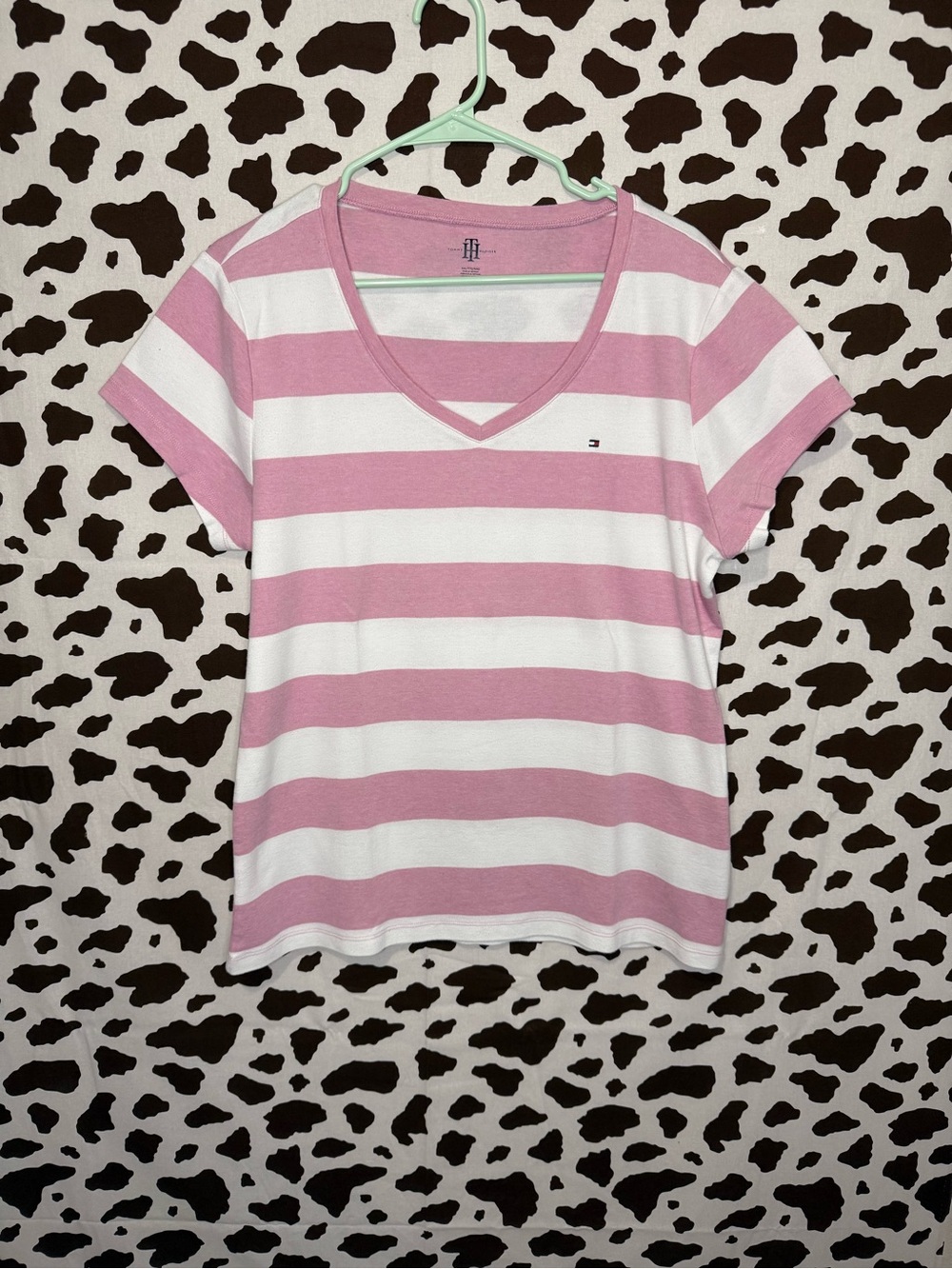 Tommy Hilfiger Women XXL Pink/White Striped V-Neck Short Sleeve Knit Tee